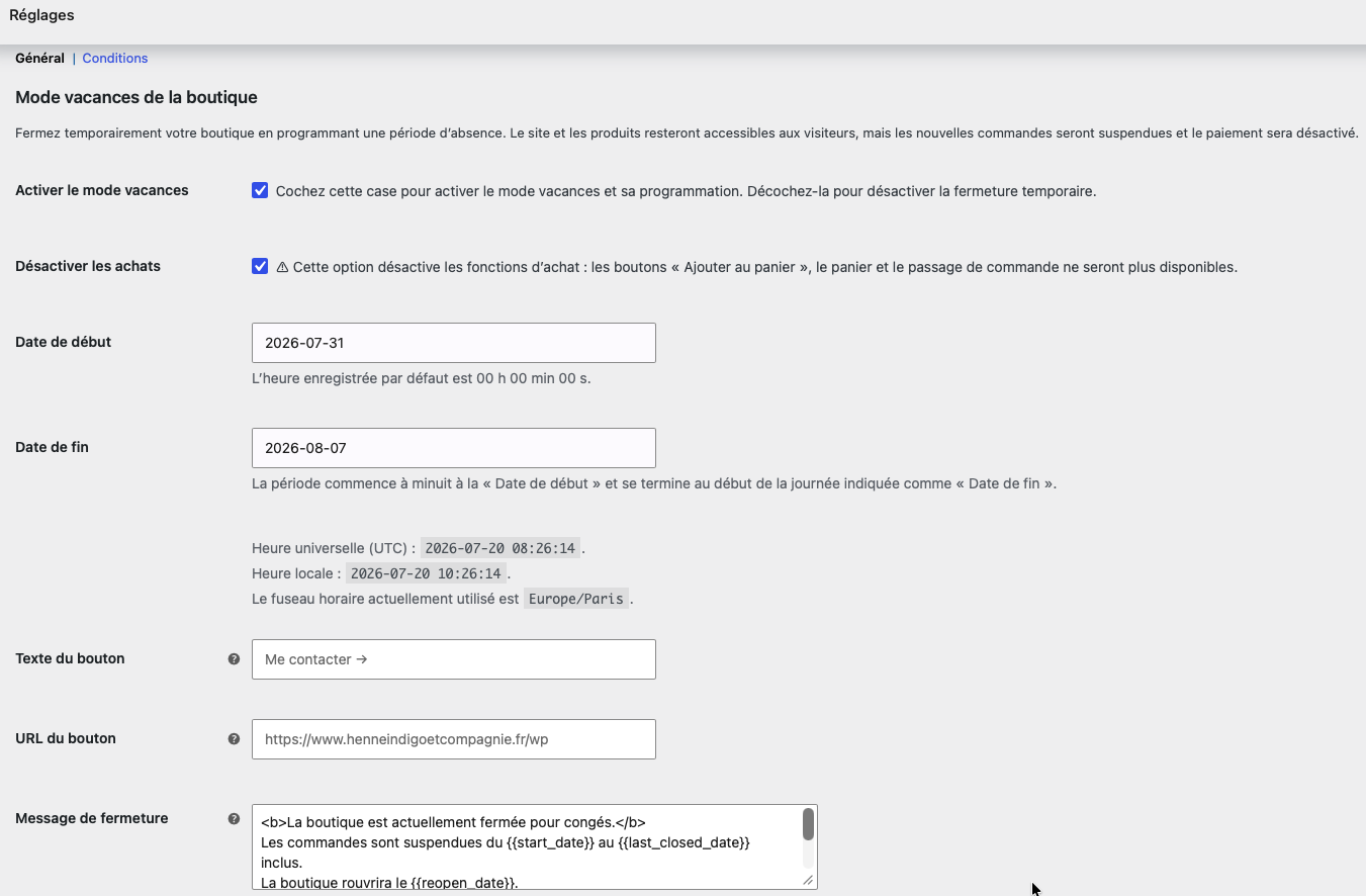 Store Vacation for WooCommerce réglages